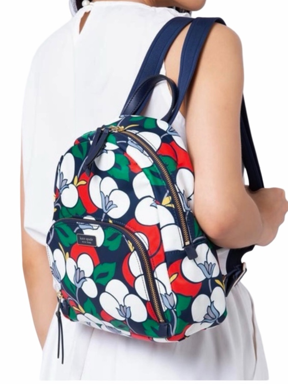 Kate Spade Dawn Breezy Floral Medium Backpack Red Navy White Green Nylon